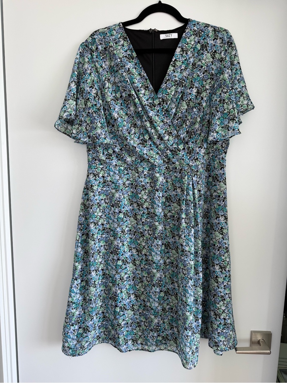 Suzy Shier Blue and Green Floral Wrap-Style Dress